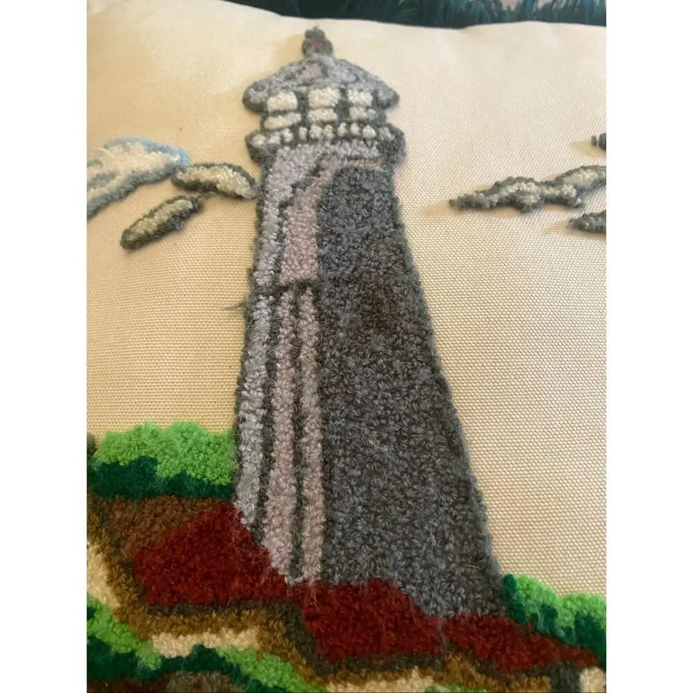 Lighthouse Sailboat Needlepoint Fringed Throw Pillow 16x16 Coastal Decor Vtge